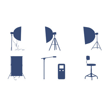 Set of six blue studio icons featuring various lighting equipment, softboxes on tripods, a light meter, and an adjustable studio chair