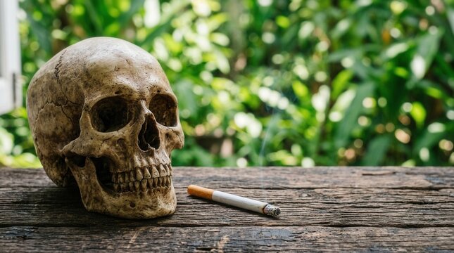 Symbolic Skull With Smoking Cigarette On Wood Table Against Lush Greenery Background