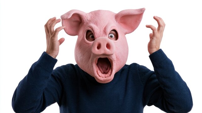 Frustrated man wearing a funny pink pig mask shouting and gesturing with his hands, isolated on white background
