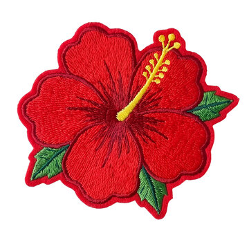 Red hibiscus flower with leaf embroidered patch