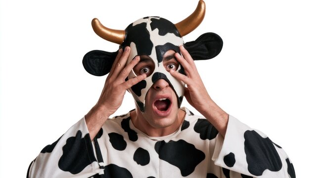 Shocked Man in Cow Costume with Golden Horns Looking Surprised Against White Background