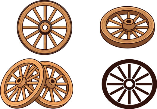 Vintage Wooden Wagon Wheel Collection And Black Silhouette Vector Icon Set
