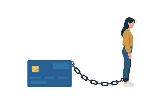 Woman chained to a large credit card, representing financial burden. Flat vector illustration concept of credit card debt, financial trap, loan addiction, bankruptcy, and economic slavery.
