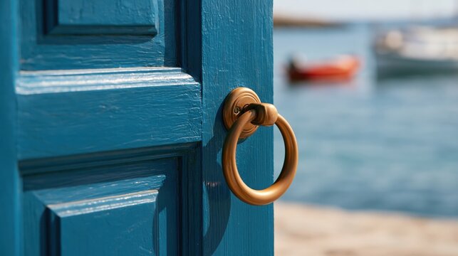 Blue wooden door with brass ring knocker overlooking Mediterranean sea with fishing boat in background