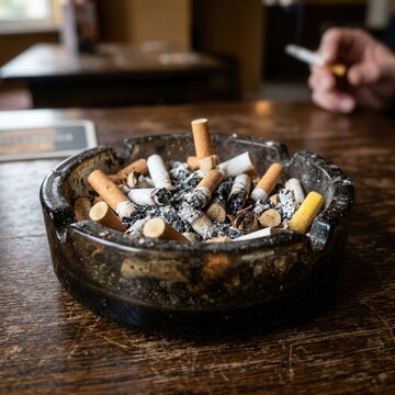 Used Cigarette Butts Overflowing Ashtray on Rustic Wooden Table
