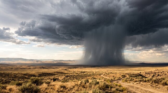 Dramatic thunderstorm cloud dumping heavy rainfall over a vast dry desert landscape.