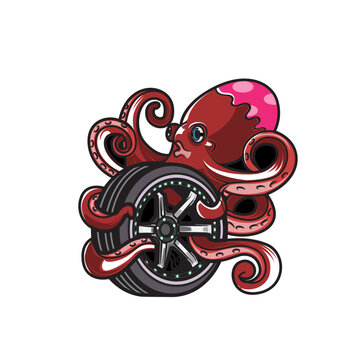 Illustration of Octopus Wheel Mascot Logo perfect for tshirt design