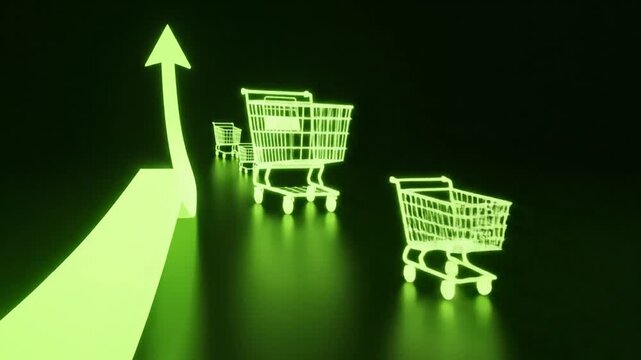 Green arrow rising with glowing shopping carts