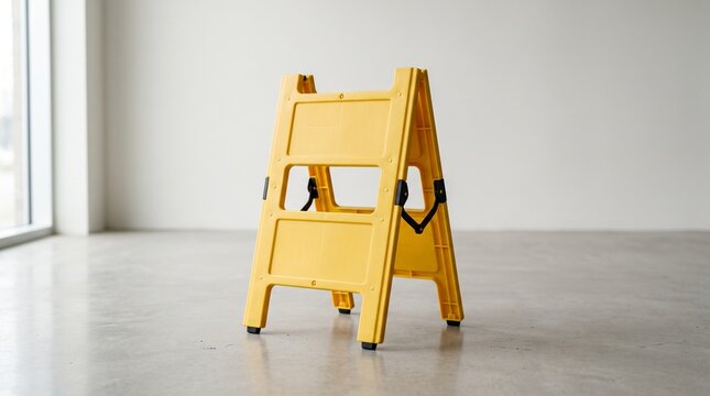 Bright yellow folding plastic sawhorse standing on a concrete floor in an empty room.