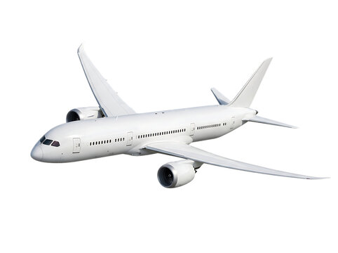 A modern white commercial passenger jet airplane flying in the sky presented as an isolated object on transparent background isolated on transparent background