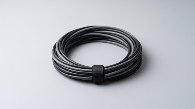 Coiled dark gray electrical wire or cable neatly bound together on a neutral background.