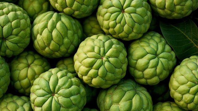 Close-up of Fresh Green Custard Apples or Sugar Apples (Annona squamosa)