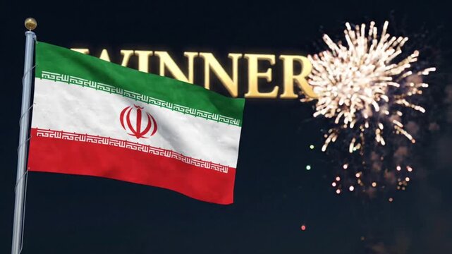 Iranian Flag Waving with Golden Winner Text and Fireworks