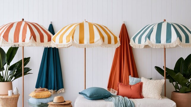 Stylish Summer Decor with Retro Striped Beach Umbrellas, Colorful Cushions, and Tropical Plants against a White Wood Paneled Wall