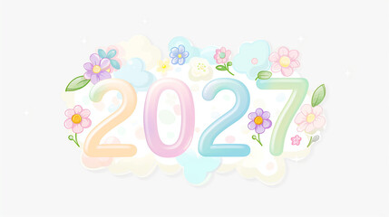 Obraz premium Kawaii Aesthetic 2027 Vector Art Featuring Rounded Pastel Digits and Sweet Floral Accents