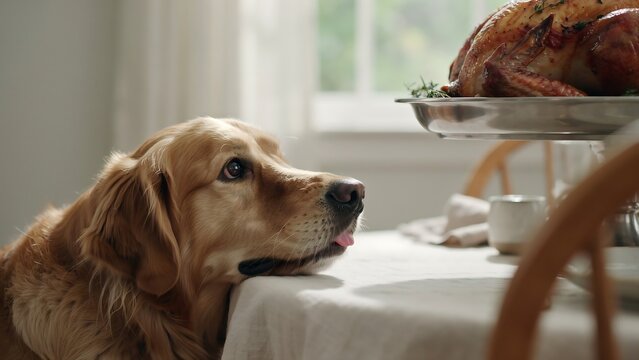 A golden retriever dog sits at a table and stares longingly at a roasted turkey on a silver serving platter