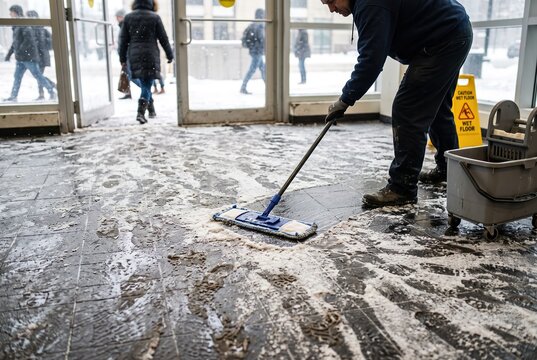 A worker mops the floor at a building entrance during winter. Snow falls outside as people walk by. The floor is wet and signs warn of a slippery surface