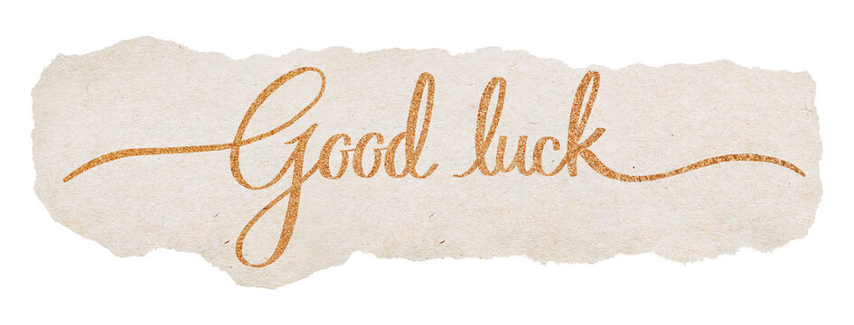 Good luck png word, gold glittery calligraphy on ripped paper, transparent background