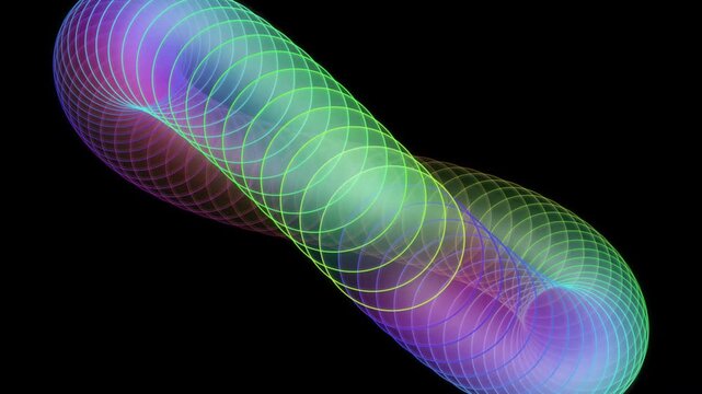 Abstract 3d render of a glowing torus shape with colorful intersecting geometric circles and light effects on a black background