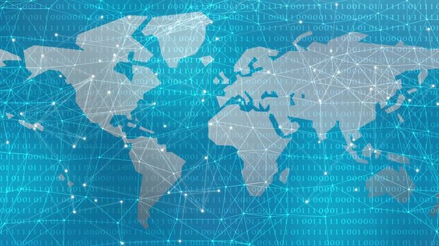 world map with an animated grid from nodes and lines isolated on binary code, 3d animation for digital connectivity, big data and ai