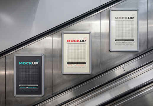 Three Advertising Posters Sings on Wall Electric Stairs Mockup