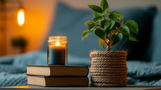 Cozy bedroom scene with lit candle, books, and potted plant