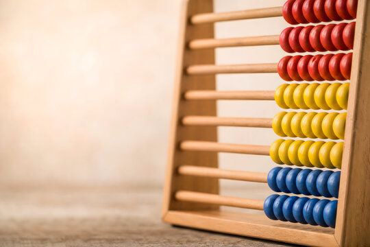 School wooden abacus colorful beads close up early learning math