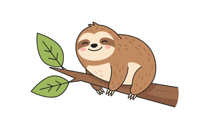 Fototapeta premium Cute cartoon baby sloth smiling happily while resting on a tree branch with green leaves on white background.