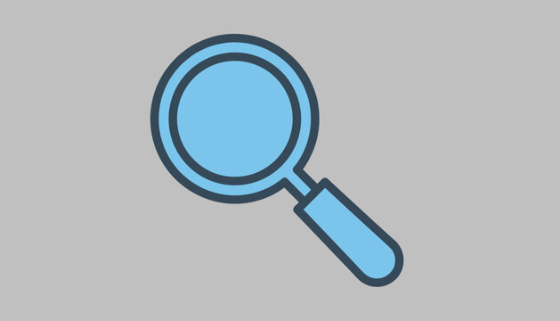 Classic magnifying glass icon in flat blue tones, representing search, research, investigation, and analysis.