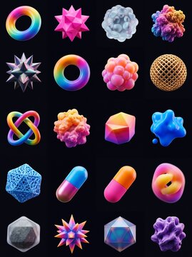 A grid of twenty colorful, stylized 3D geometric and abstract shapes, featuring various textures, gradients, and forms isolated against a black background, representing digital art and design assets.