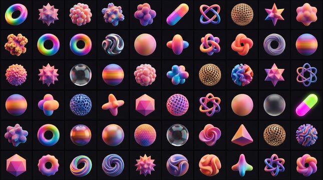 A collection of 3D abstract geometric shapes, spheres, toruses, and organic blobs with vibrant holographic, metallic, and matte textures arranged in a grid against a black background.