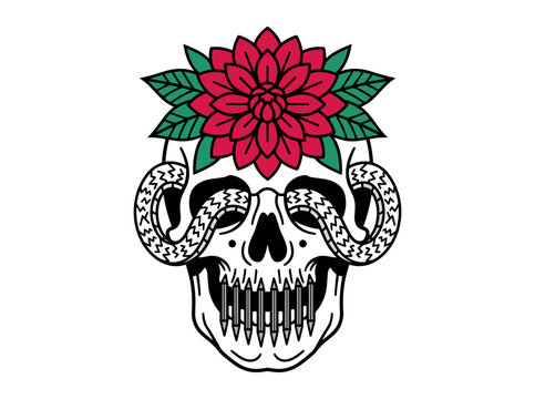 Human skull with floral crown and snake in traditional tattoo style