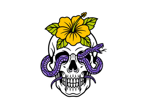Tattoo flash of a human skull with purple serpent and yellow tropical flower