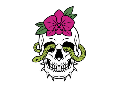 Tattoo vector graphic featuring human skull entwined with green serpent and pink orchid flower