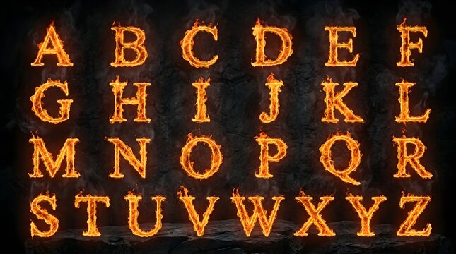 A complete fiery alphabet of glowing letters ranging from a to z is displayed on a dark textured background ideal for dramatic design concepts