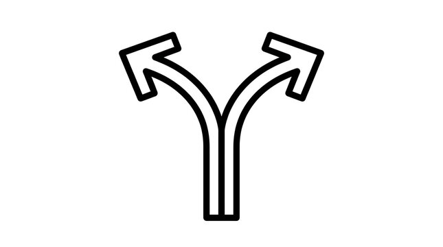 Split path arrow icon dividing into two directions on white background with direction decision multiple alternative strategy business interface
