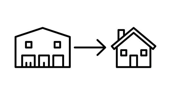 Black outline icon representing moving from a warehouse to a house with warehouse relocation building industry residential transition logistics