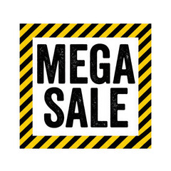 Naklejka premium Mega sale rectangular badge with black and yellow caution diagonal stripes frame on transparent background
