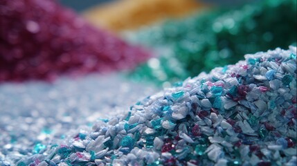 Obraz premium Multicolored recycled plastic granules piled in textured heap for reuse in manufacturing and material recovery with glossy fragments, bright tones, and industrial waste processing