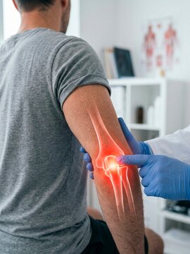 Doctor examining male patient with glowing red elbow joint pain