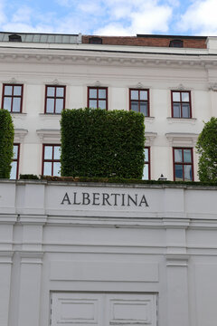 Albertina Museum Sign and Historic Facade in Vienna, Austria. 