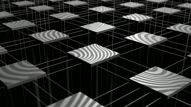 Suspended patterned squares float within a 3D wireframe grid against a dark background, for use in tech or abstract concepts
