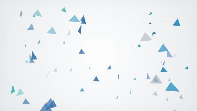 Floating blue and teal geometric triangles on a white background, minimalist 3D animation, concept for motion graphics, abstract art and branding