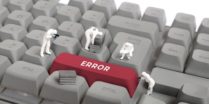 Miniature CSI technicians analyzing an error key on computer keyboard, system failure, software glitch and troubleshooting concept