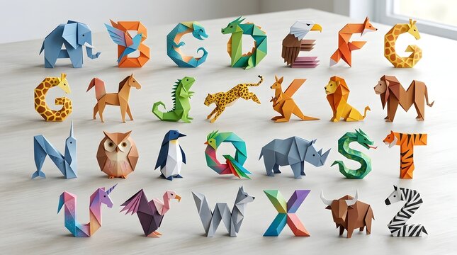 A vibrant collection of colorful plastic animal toys creatively arranged to spell out the letters of the alphabet on a light neutral tile surface