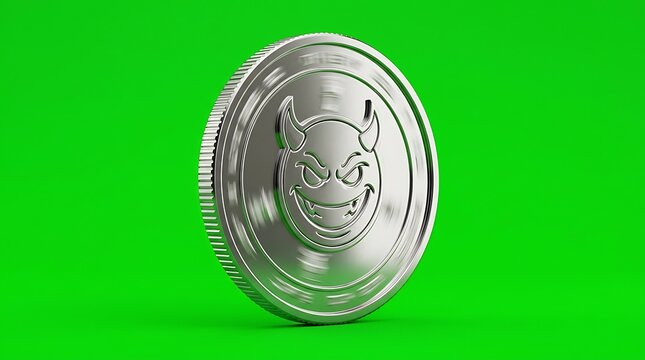 Silver demon coin on green background