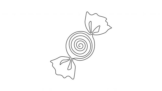 Continuous line drawing of candy bonbon in motion on white background with copy space.