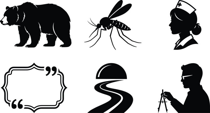 Mixed silhouette icon set featuring wild bear mosquito insect nurse avatar quote frame road sunset and architect