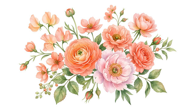 Vibrant Coral Pink Peony Bouquet with Soft Pink Flowers and Green Leaves
