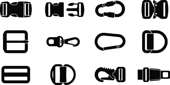 Plastic buckle icon set featuring side release snaps tactical clips carabiners ring adjusters and strap fastener hardware